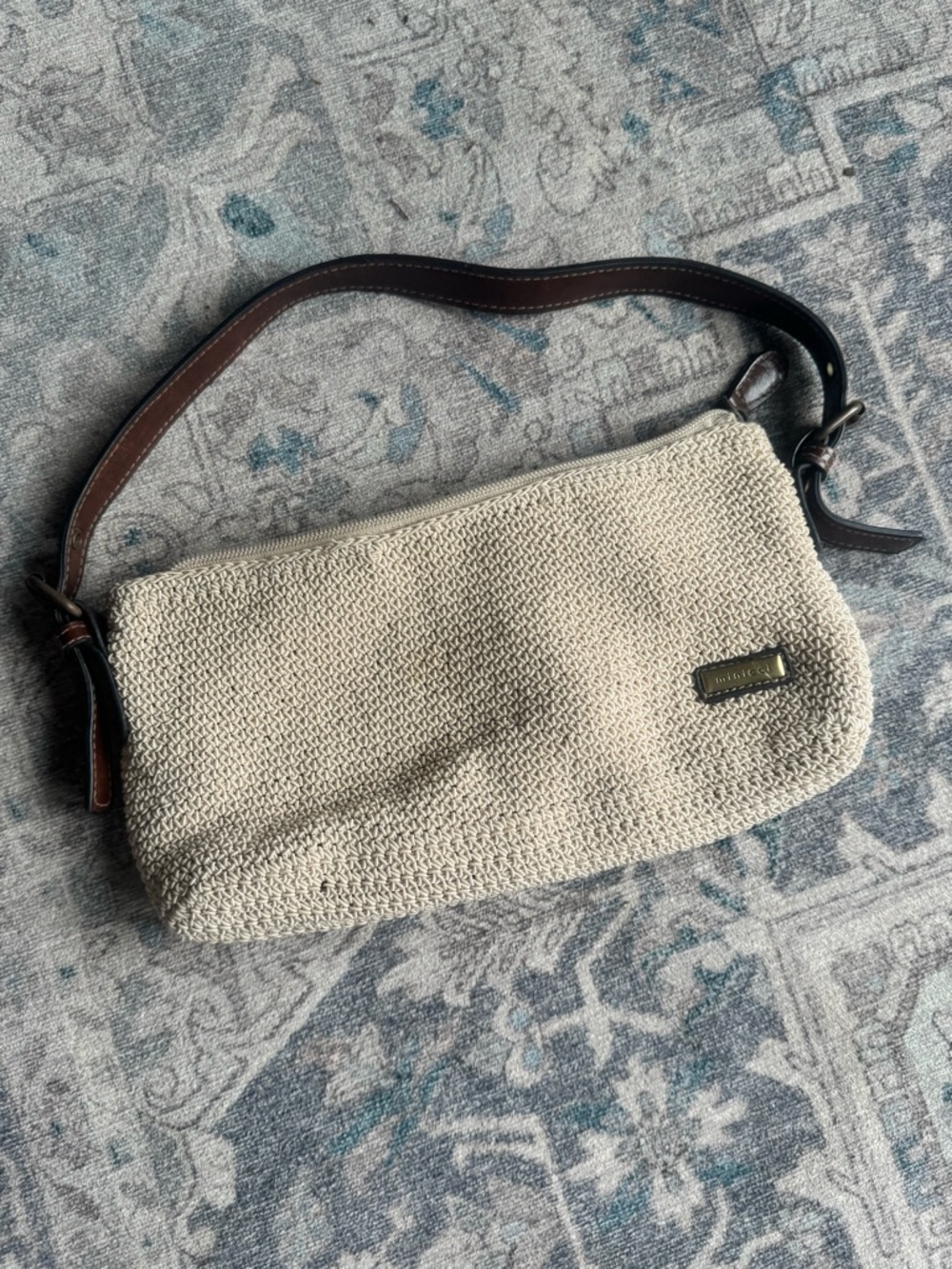 Cream Crochet purse with Brown Leather Strap